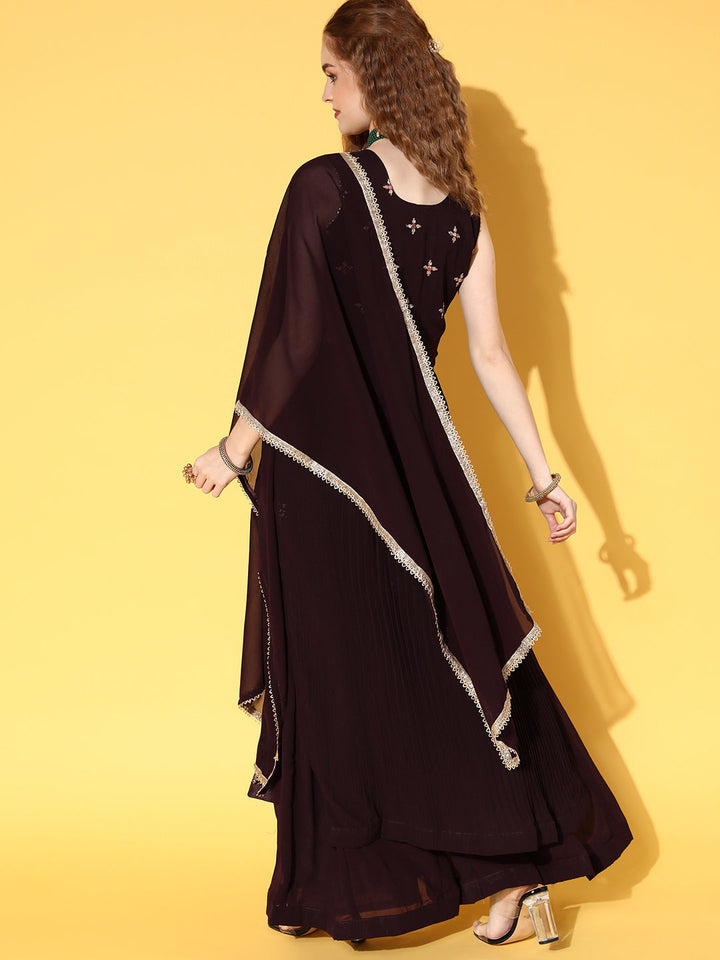 Brown Resham Embroidered High Slit Nyraa Style Kurta Palazzo Set