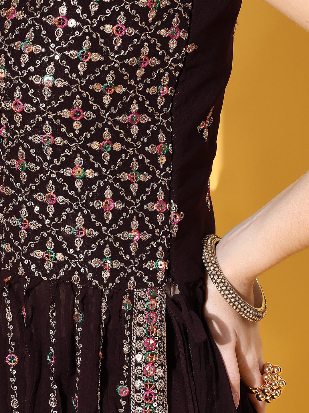 Brown Resham Embroidered High Slit Nyraa Style Kurta Palazzo Set