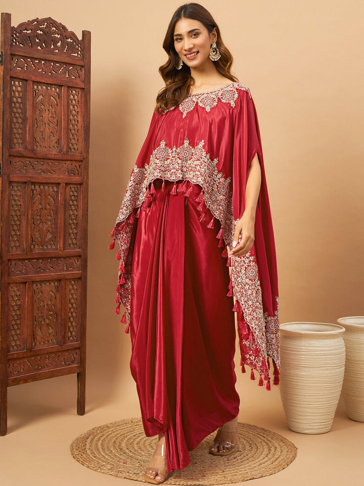 Chhabra 555 Crepe Silk Crop-Top Skirt Indo-western Set With Zari Embroidered Kaftan & Tassels 