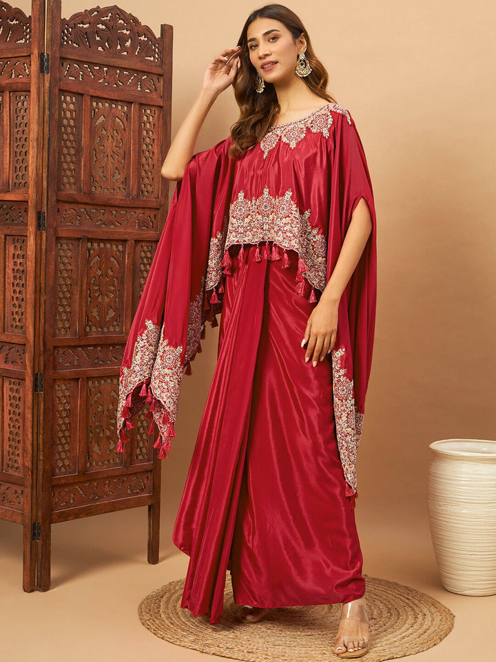 Chhabra 555 Crepe Silk Crop-Top Skirt Indo-western Set With Zari Embroidered Kaftan & Tassels 