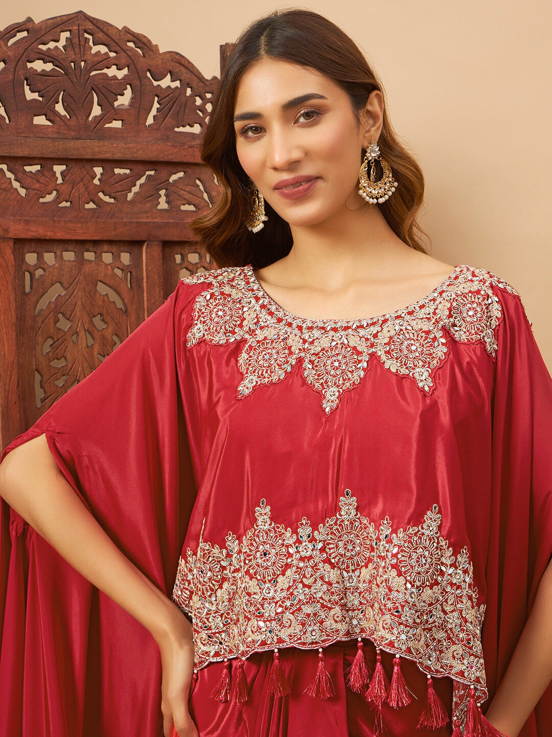 Chhabra 555 Crepe Silk Crop-Top Skirt Indo-western Set With Zari Embroidered Kaftan & Tassels 