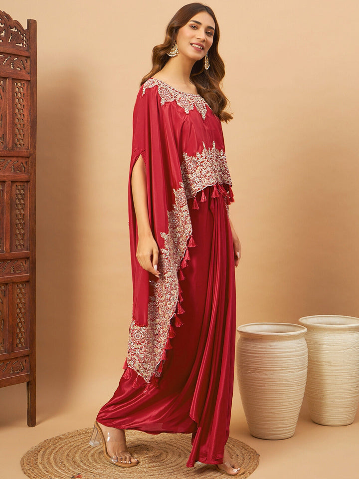Chhabra 555 Crepe Silk Crop-Top Skirt Indo-western Set With Zari Embroidered Kaftan & Tassels 
