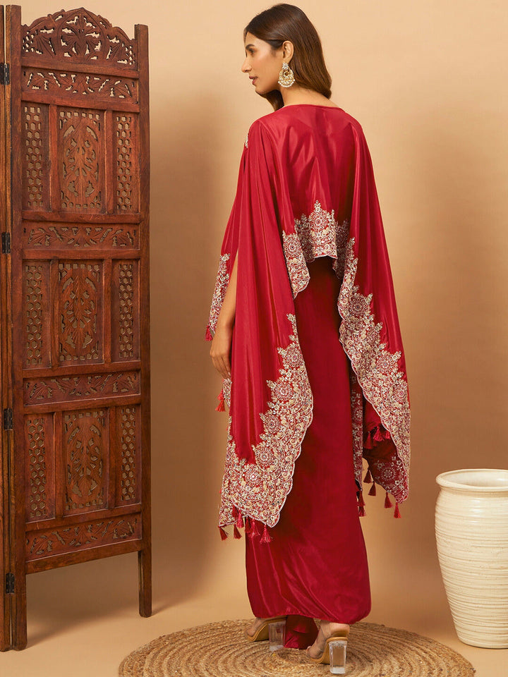 Chhabra 555 Crepe Silk Crop-Top Skirt Indo-western Set With Zari Embroidered Kaftan & Tassels 