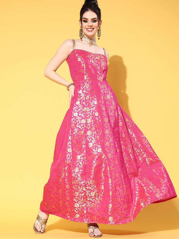 Fuchsia Banarasi Brocade Anarkali Gown with lace Strap Neckline
