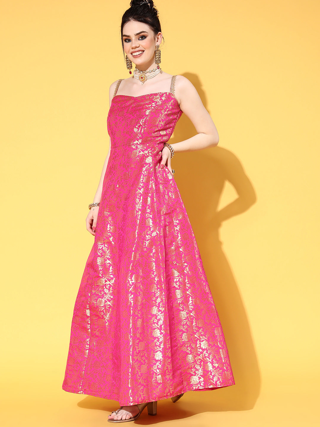 Fuchsia Banarasi Brocade Anarkali Gown with lace Strap Neckline