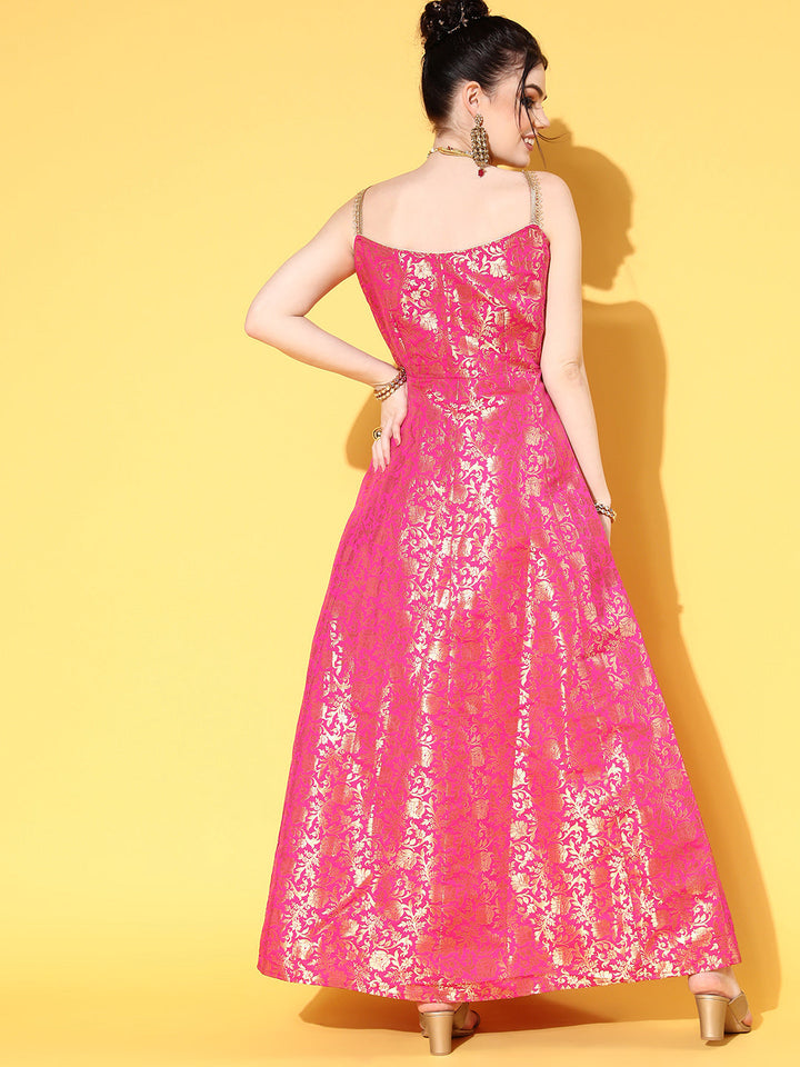 Fuchsia Banarasi Brocade Anarkali Gown with lace Strap Neckline