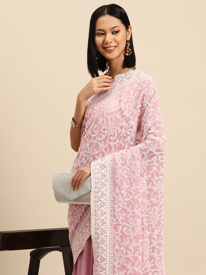 Summer Pink Thread Chicken Embroidered Georgette Party Wear Saree