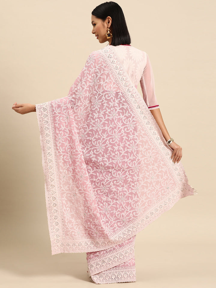 Summer Pink Thread Chicken Embroidered Georgette Party Wear Saree