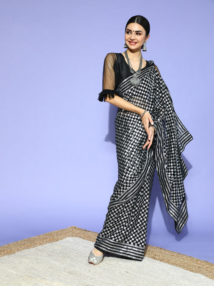 Black Metallic Sequinned Designer Saree With Embellished Blouse