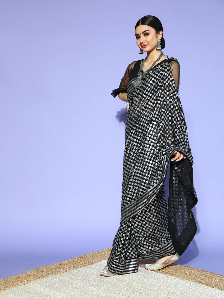 Black Metallic Sequinned Designer Saree With Embellished Blouse