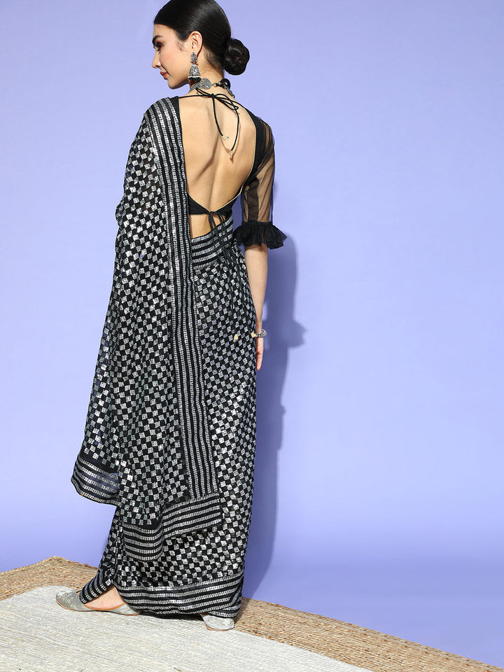 Black Metallic Sequinned Designer Saree With Embellished Blouse