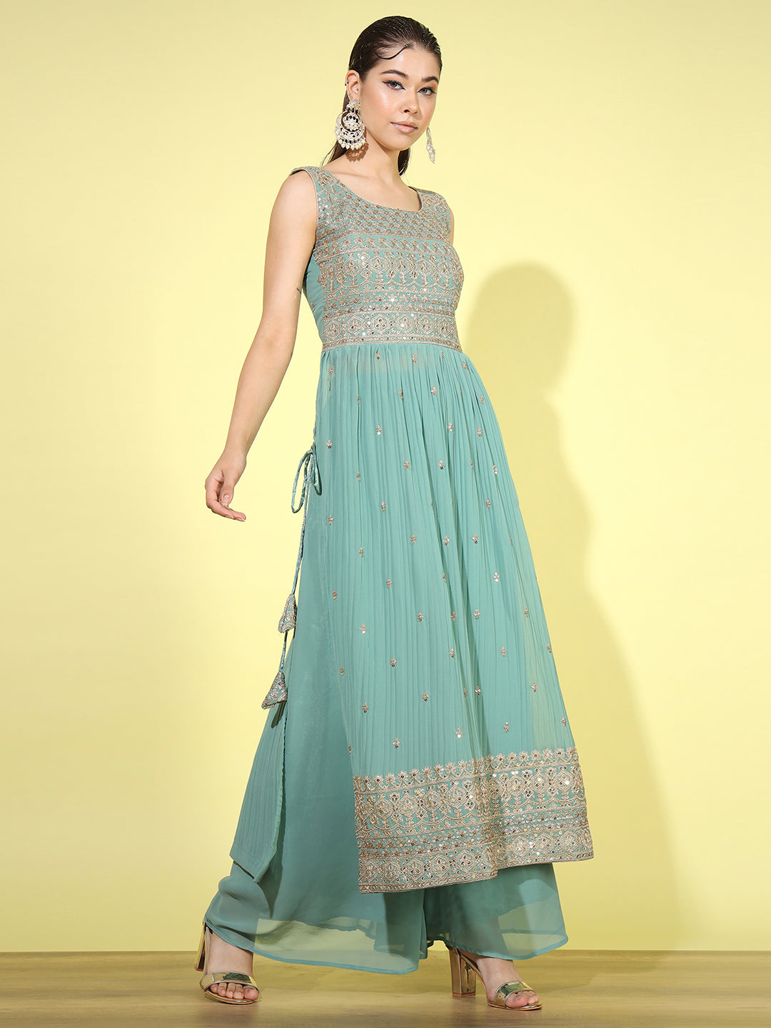 Zari Embroidered Nyraa Style High Slit Pleated Kurta Palazzo Set