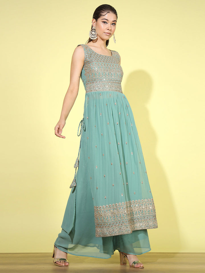 Zari Embroidered Nyraa Style High Slit Pleated Kurta Palazzo Set