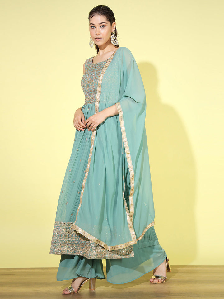 Zari Embroidered Nyraa Style High Slit Pleated Kurta Palazzo Set