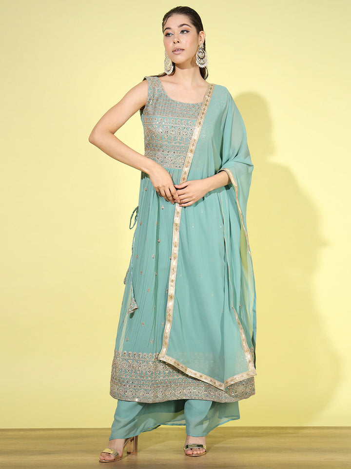 Zari Embroidered Nyraa Style High Slit Pleated Kurta Palazzo Set