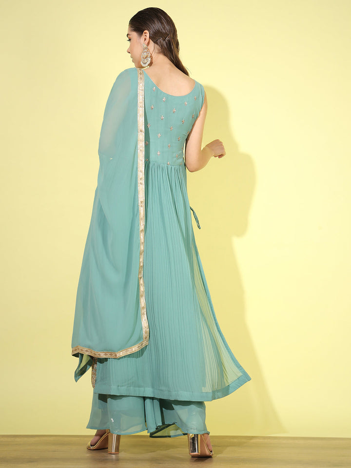 Zari Embroidered Nyraa Style High Slit Pleated Kurta Palazzo Set