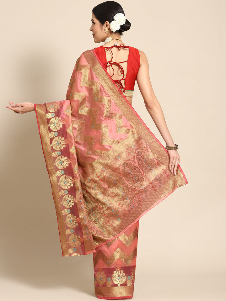 Gajari Pink Banarasi Chevron Pattern Oxidised Zari Chanderi Saree