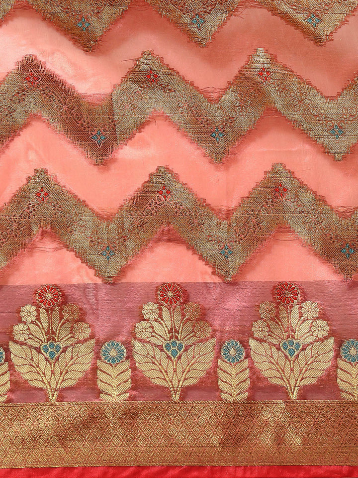 Gajari Pink Banarasi Chevron Pattern Oxidised Zari Chanderi Saree