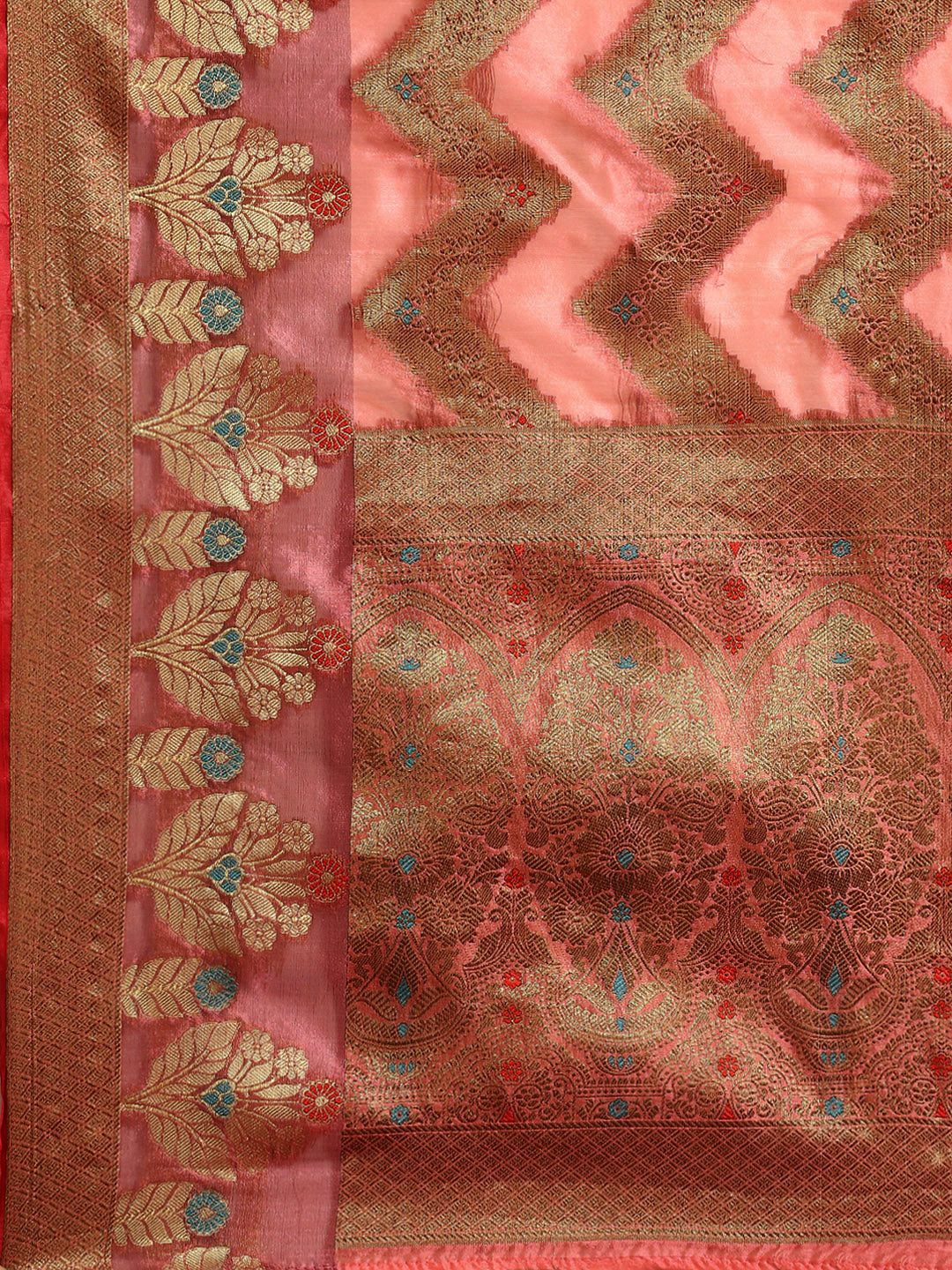 Gajari Pink Banarasi Chevron Pattern Oxidised Zari Chanderi Saree