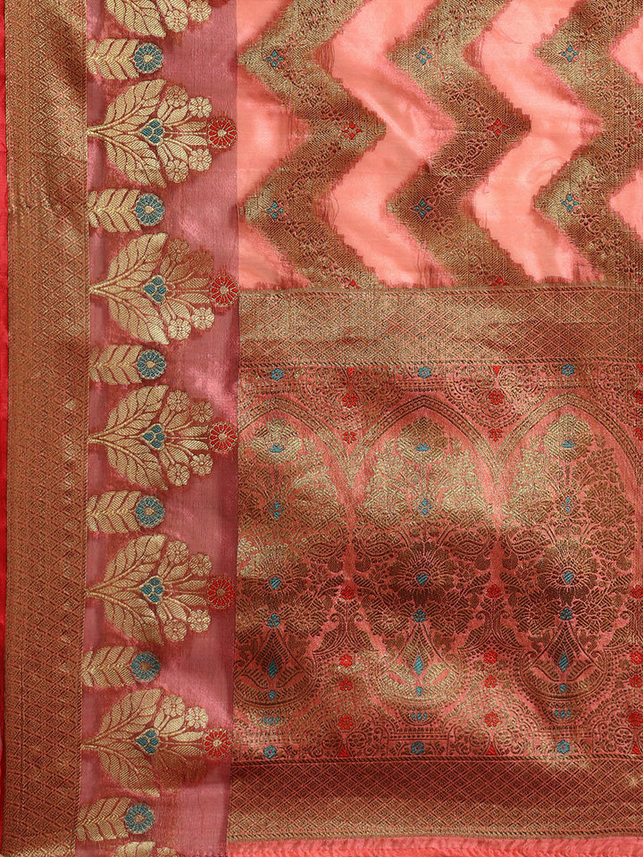 Gajari Pink Banarasi Chevron Pattern Oxidised Zari Chanderi Saree
