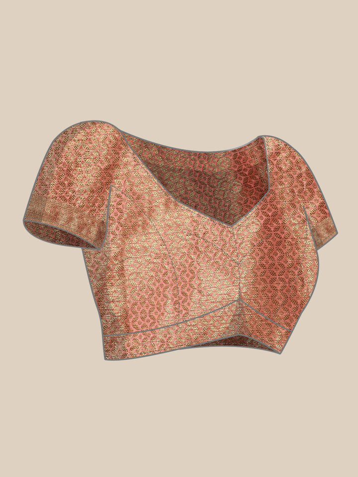 Gajari Pink Banarasi Chevron Pattern Oxidised Zari Chanderi Saree