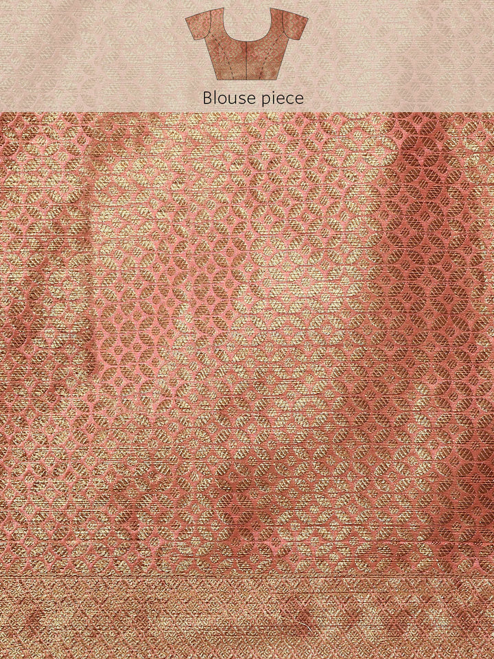 Gajari Pink Banarasi Chevron Pattern Oxidised Zari Chanderi Saree