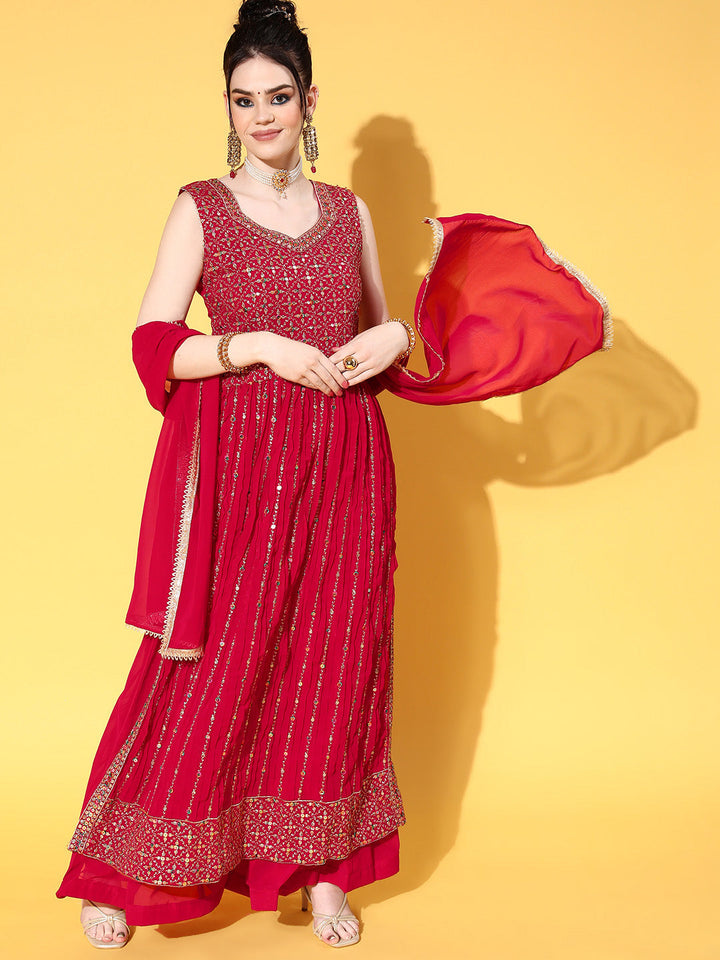 Magenta Resham Embroidered High Slit Nyra Style Kurta Palazzo Set