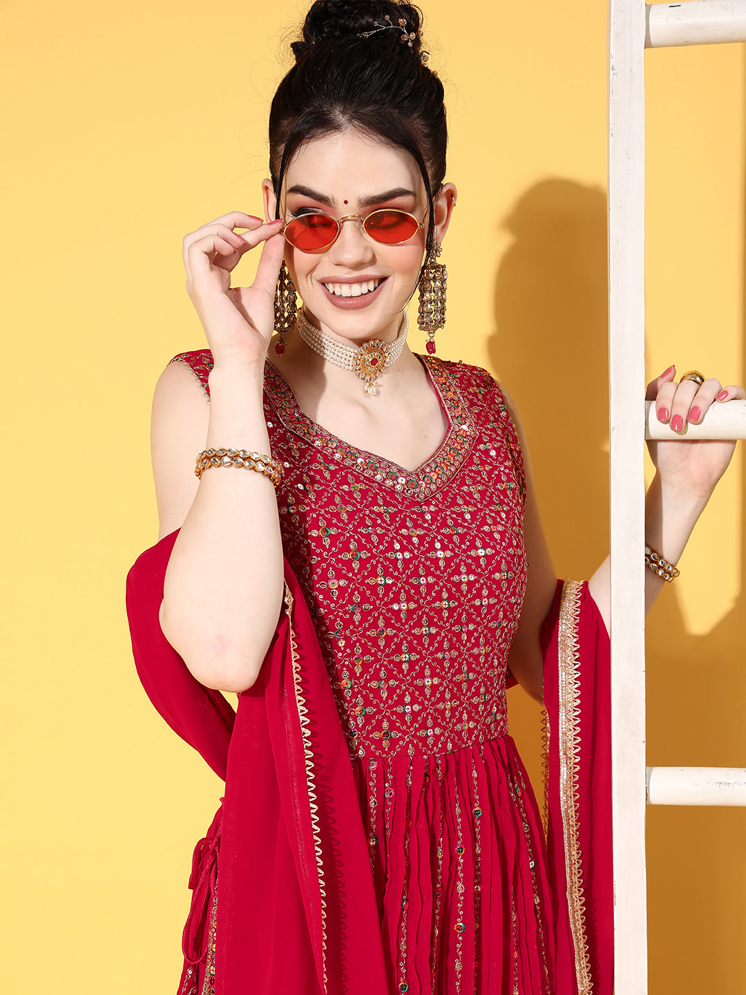Magenta Resham Embroidered High Slit Nyra Style Kurta Palazzo Set