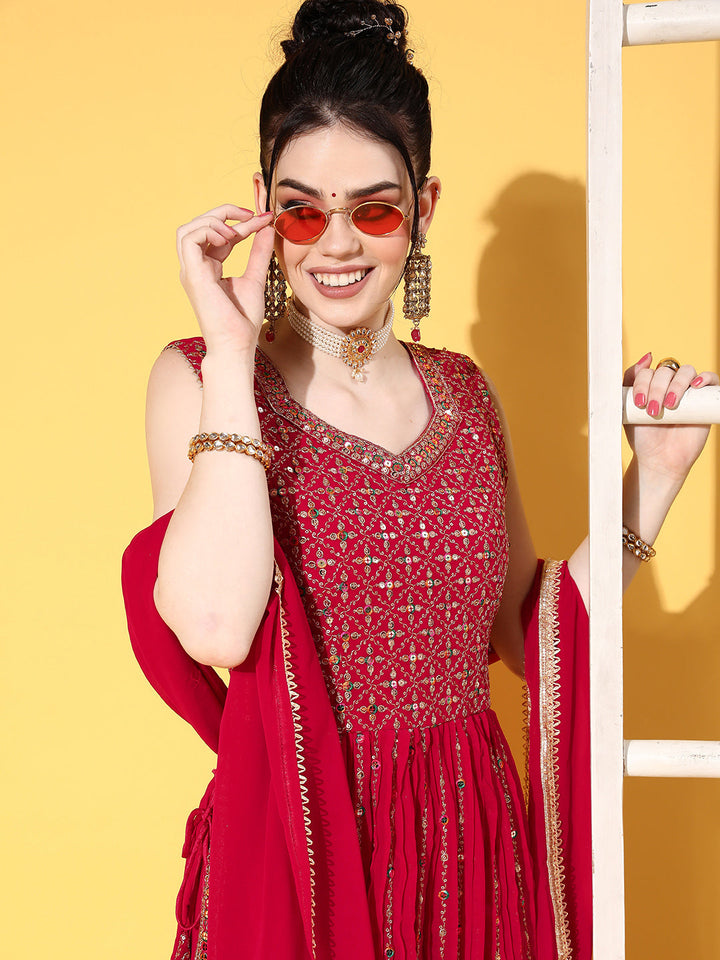 Magenta Resham Embroidered High Slit Nyra Style Kurta Palazzo Set