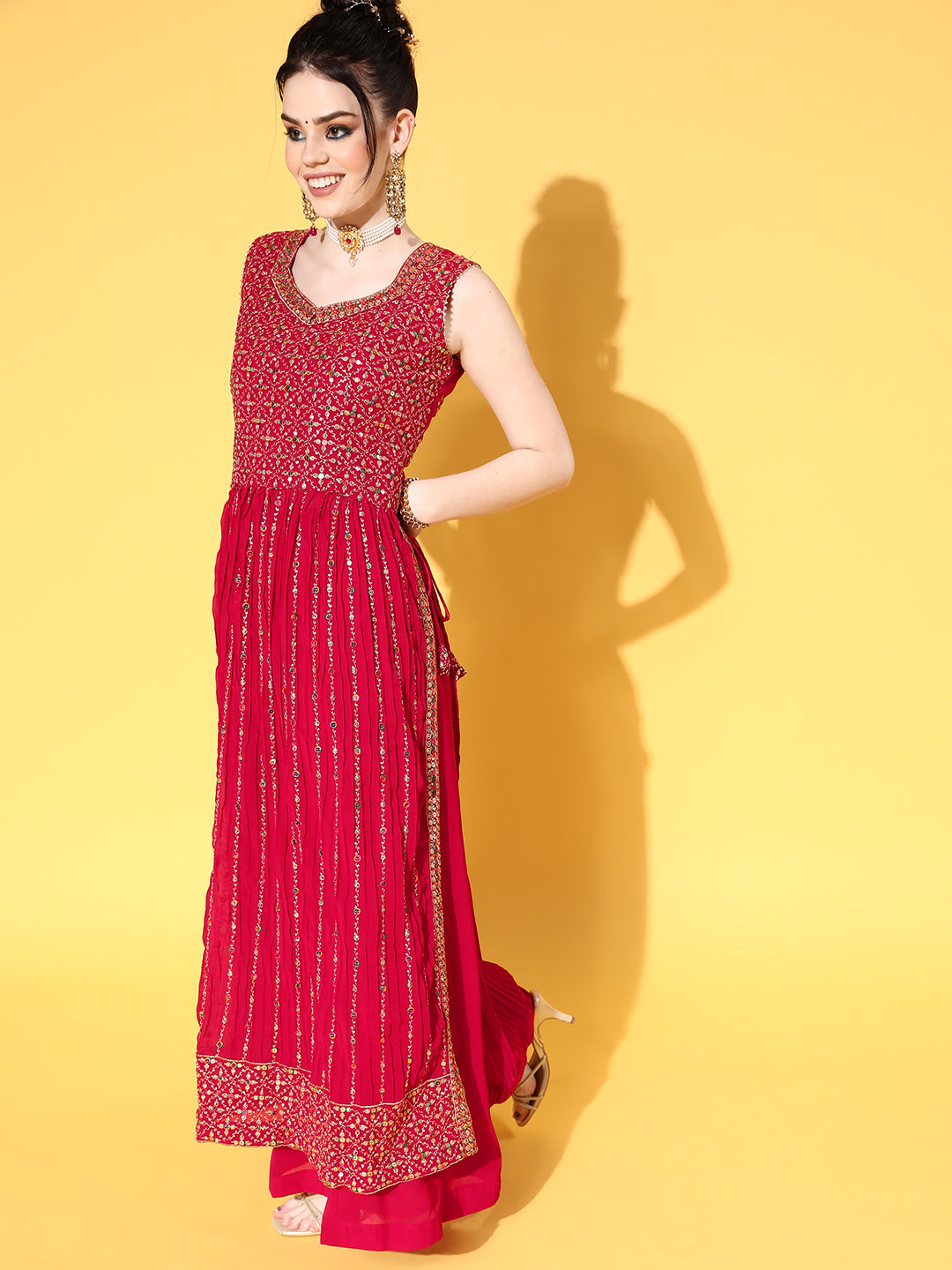 Magenta Resham Embroidered High Slit Nyra Style Kurta Palazzo Set