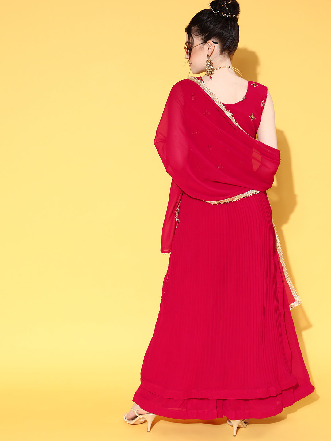 Magenta Resham Embroidered High Slit Nyra Style Kurta Palazzo Set