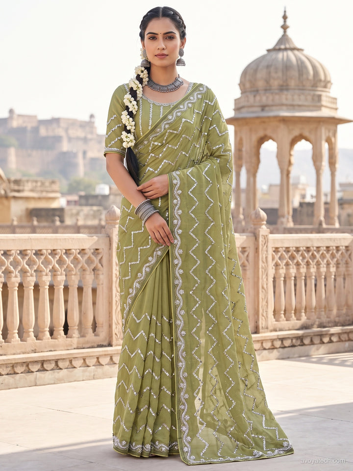 Green Sequin & Pearl Embroidered Silk Saree with Scalloped Border and Blouse Piece