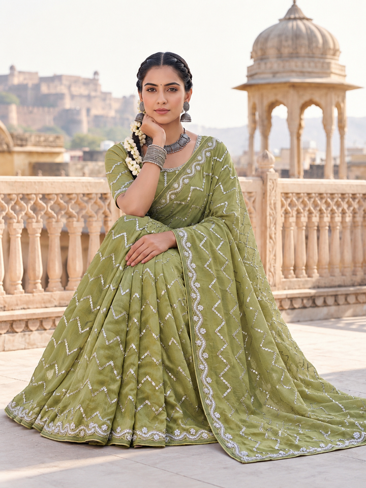 Green Sequin & Pearl Embroidered Silk Saree with Scalloped Border and Blouse Piece