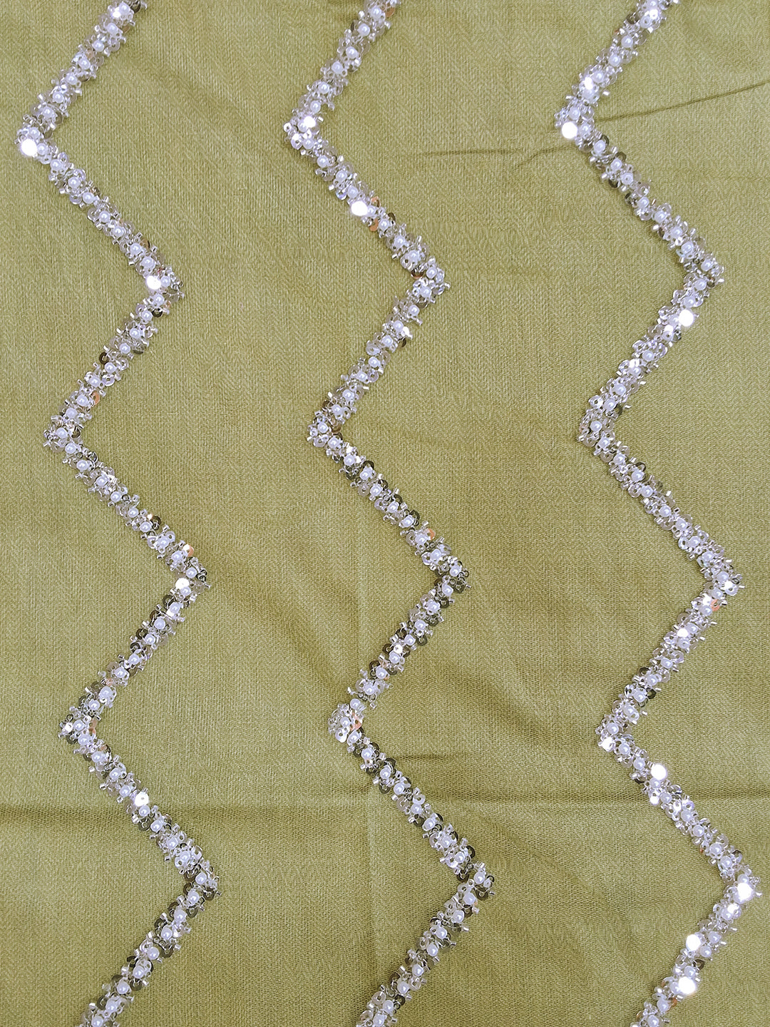 Green Sequin & Pearl Embroidered Silk Saree with Scalloped Border and Blouse Piece