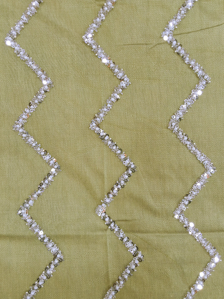 Green Sequin & Pearl Embroidered Silk Saree with Scalloped Border and Blouse Piece