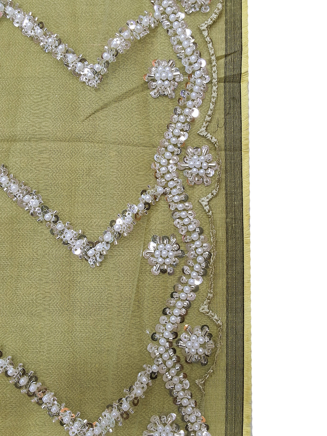 Green Sequin & Pearl Embroidered Silk Saree with Scalloped Border and Blouse Piece