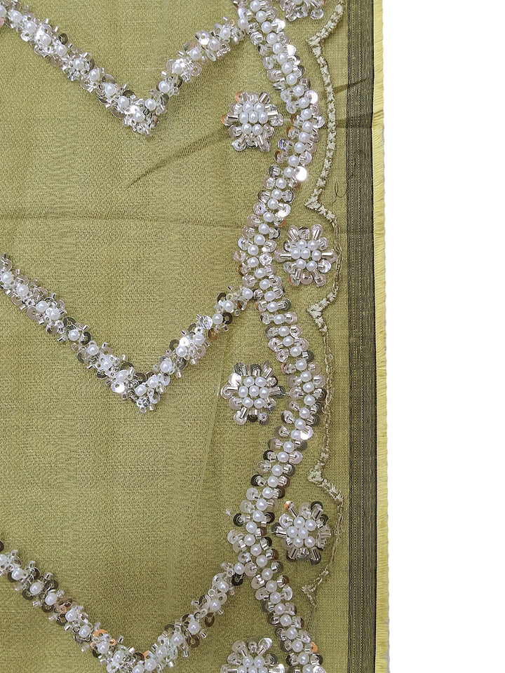 Green Sequin & Pearl Embroidered Silk Saree with Scalloped Border and Blouse Piece
