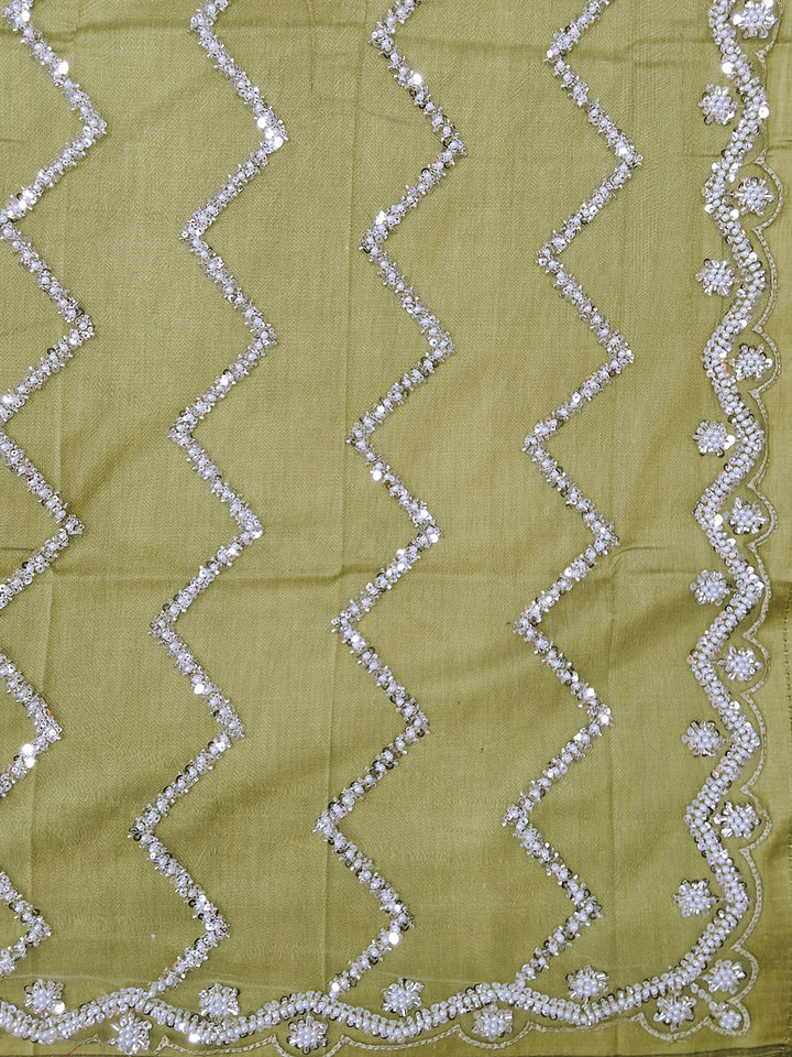 Green Sequin & Pearl Embroidered Silk Saree with Scalloped Border and Blouse Piece