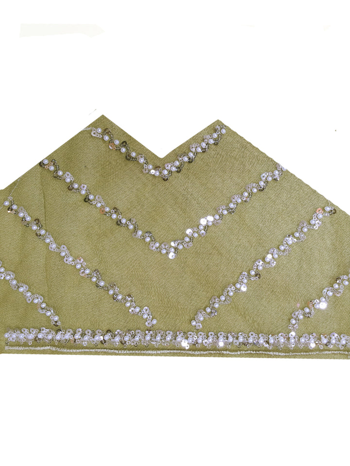 Green Sequin & Pearl Embroidered Silk Saree with Scalloped Border and Blouse Piece