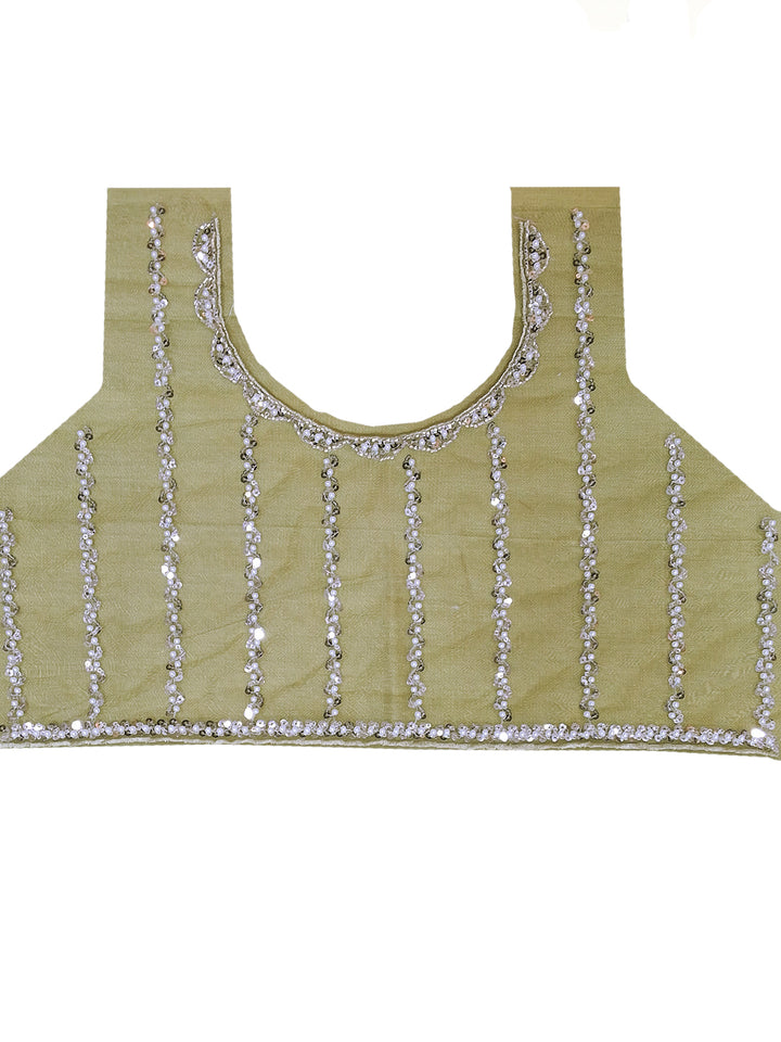 Green Sequin & Pearl Embroidered Silk Saree with Scalloped Border and Blouse Piece