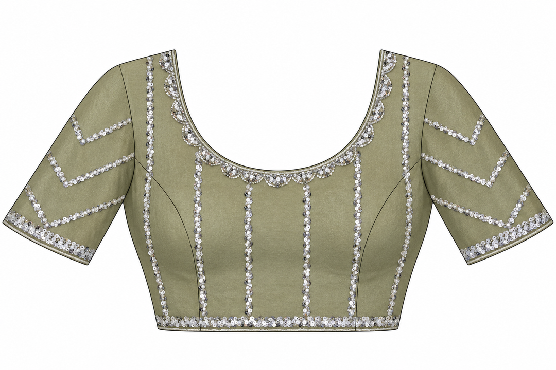 Green Sequin & Pearl Embroidered Silk Saree with Scalloped Border and Blouse Piece