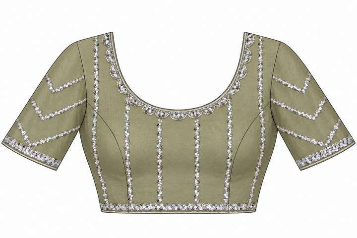Green Sequin & Pearl Embroidered Silk Saree with Scalloped Border and Blouse Piece