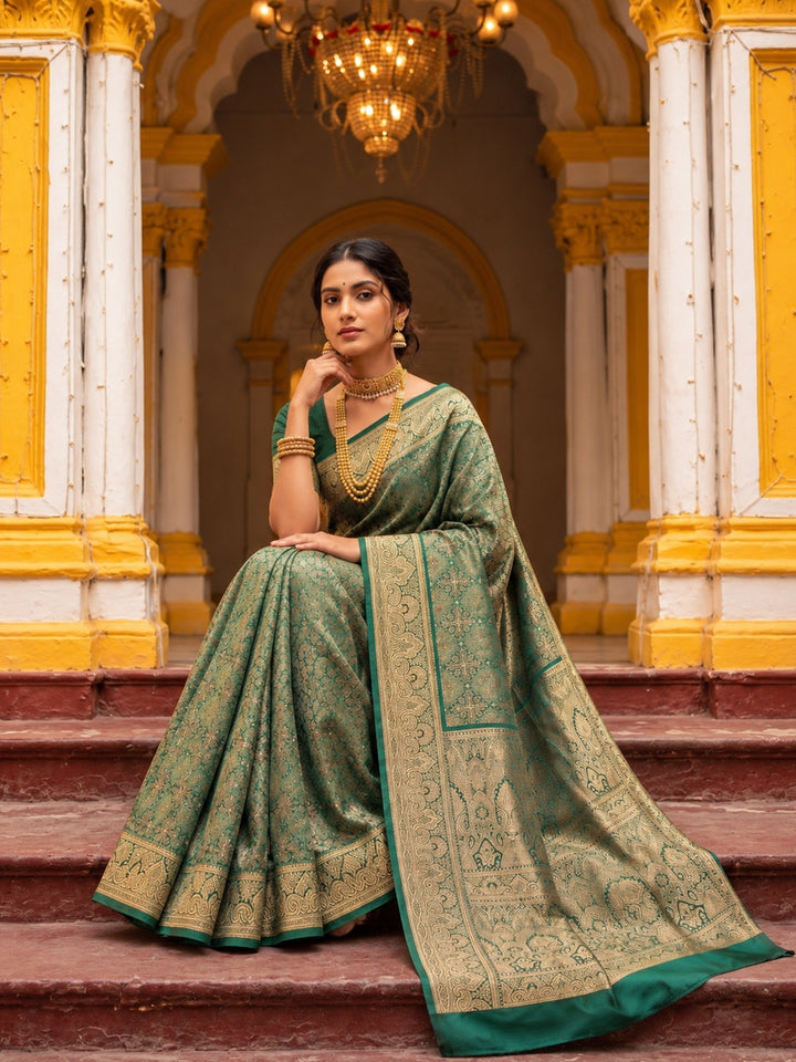 Bottle Green Banarasi Silk Woven Diamond Jaal Saree with Heavy Border