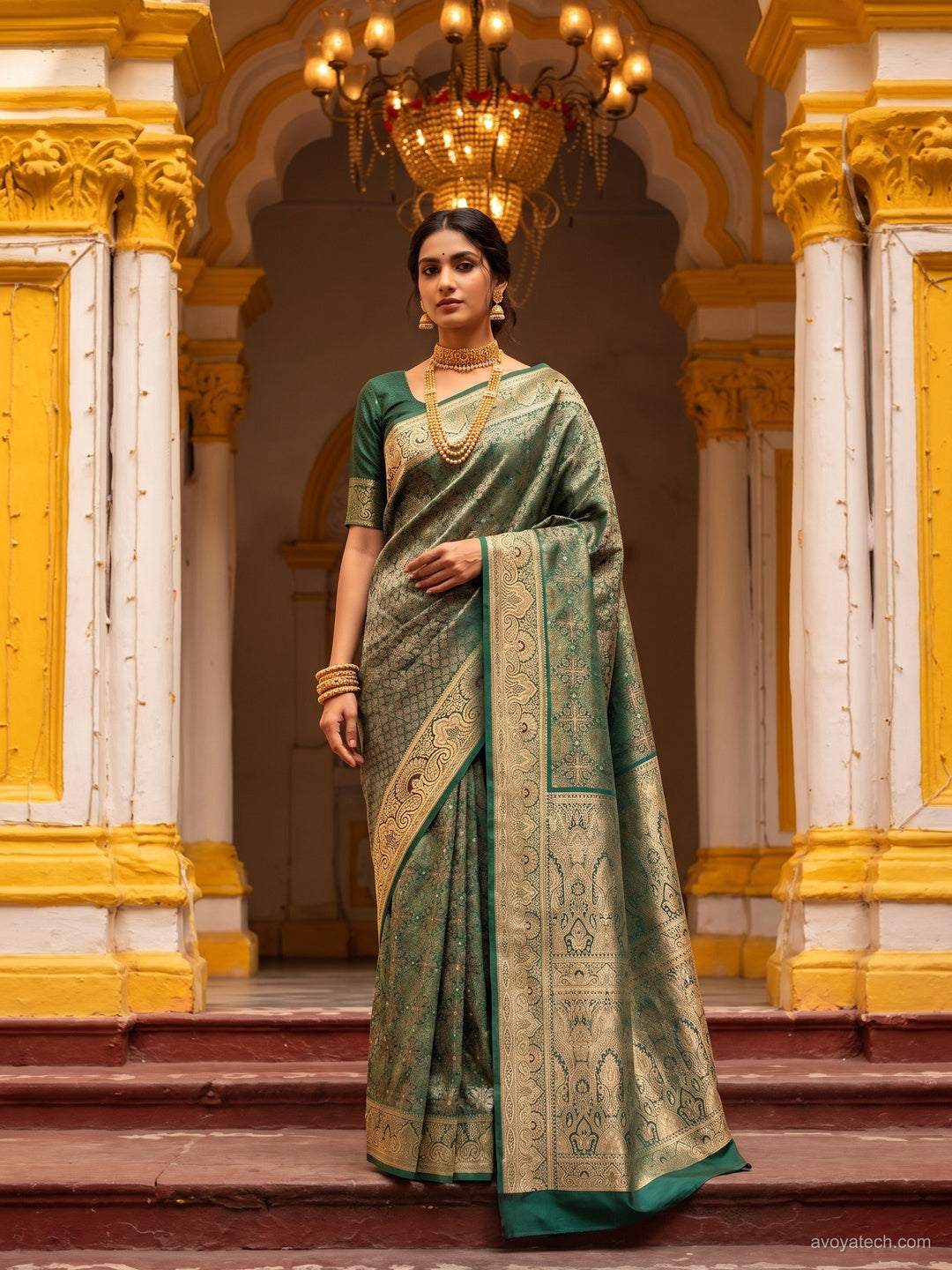 Bottle Green Banarasi Silk Woven Diamond Jaal Saree with Heavy Border