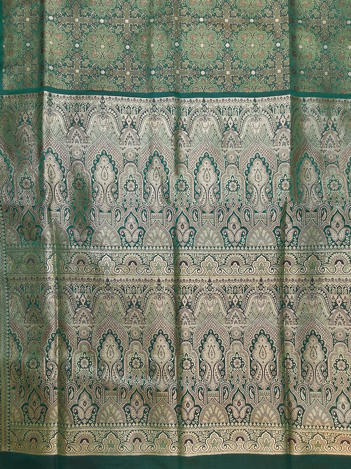 Bottle Green Banarasi Silk Woven Diamond Jaal Saree with Heavy Border