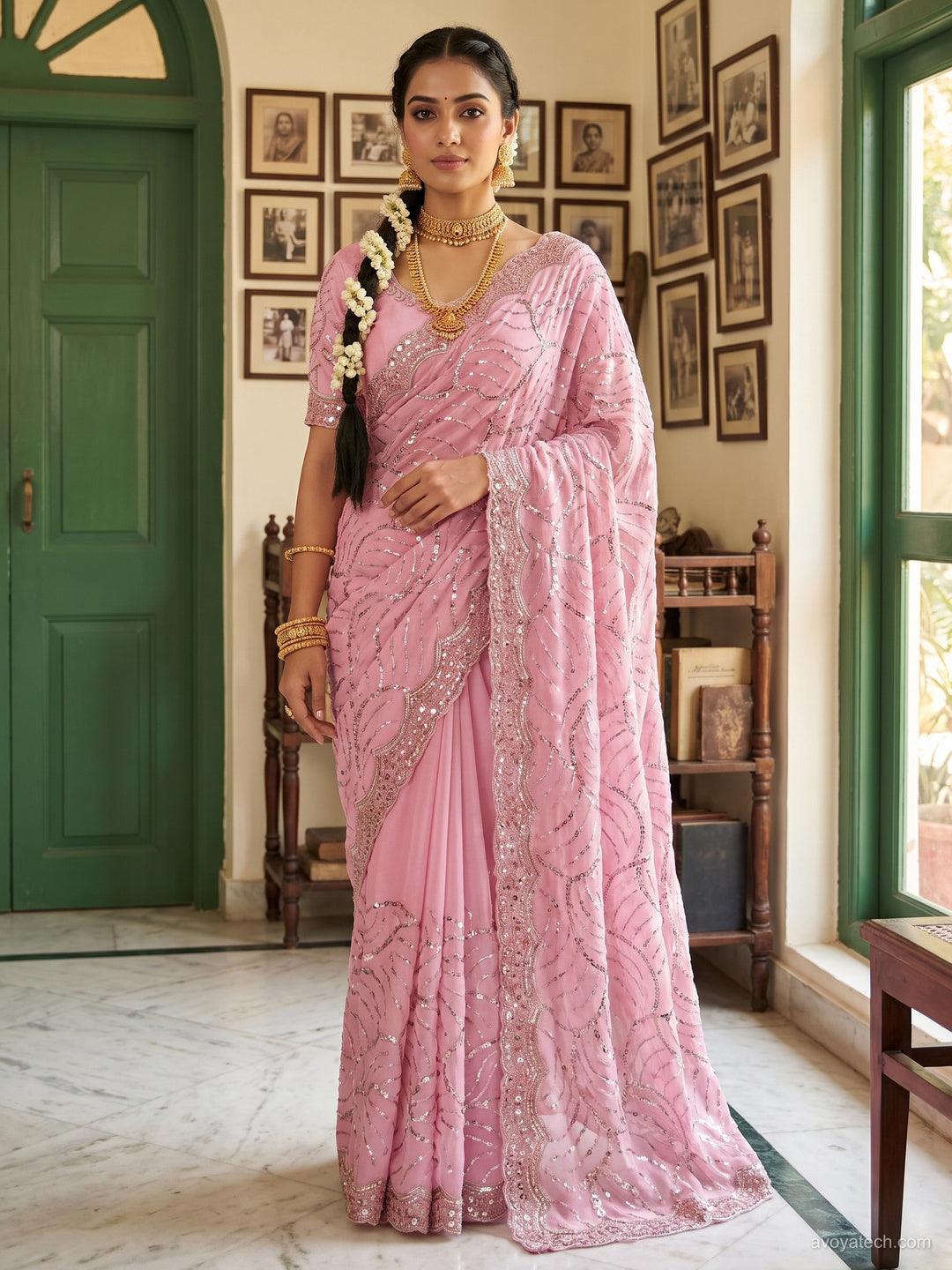Georgette Sequin Embroidered Wave Saree with Blouse Piece