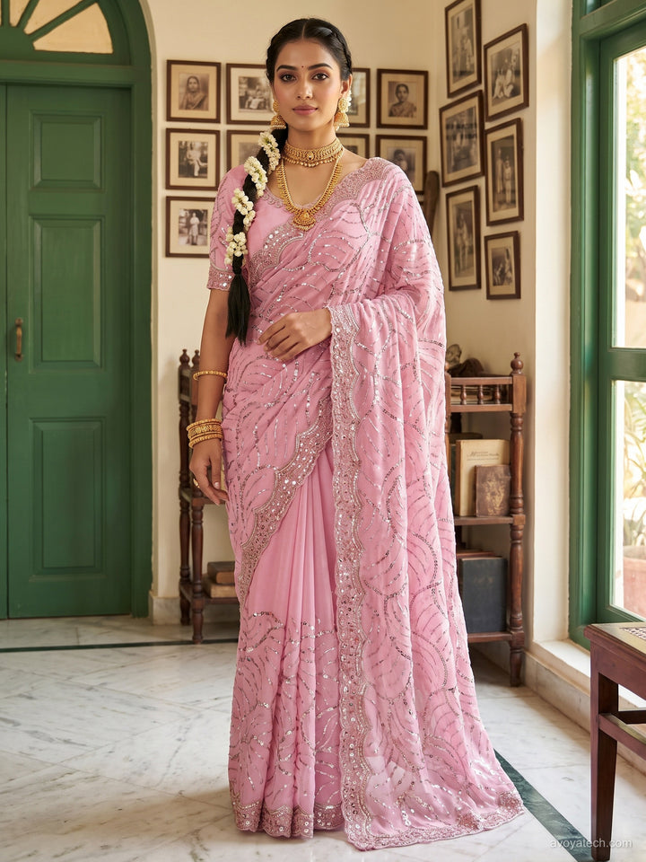 Georgette Sequin Embroidered Wave Saree with Blouse Piece