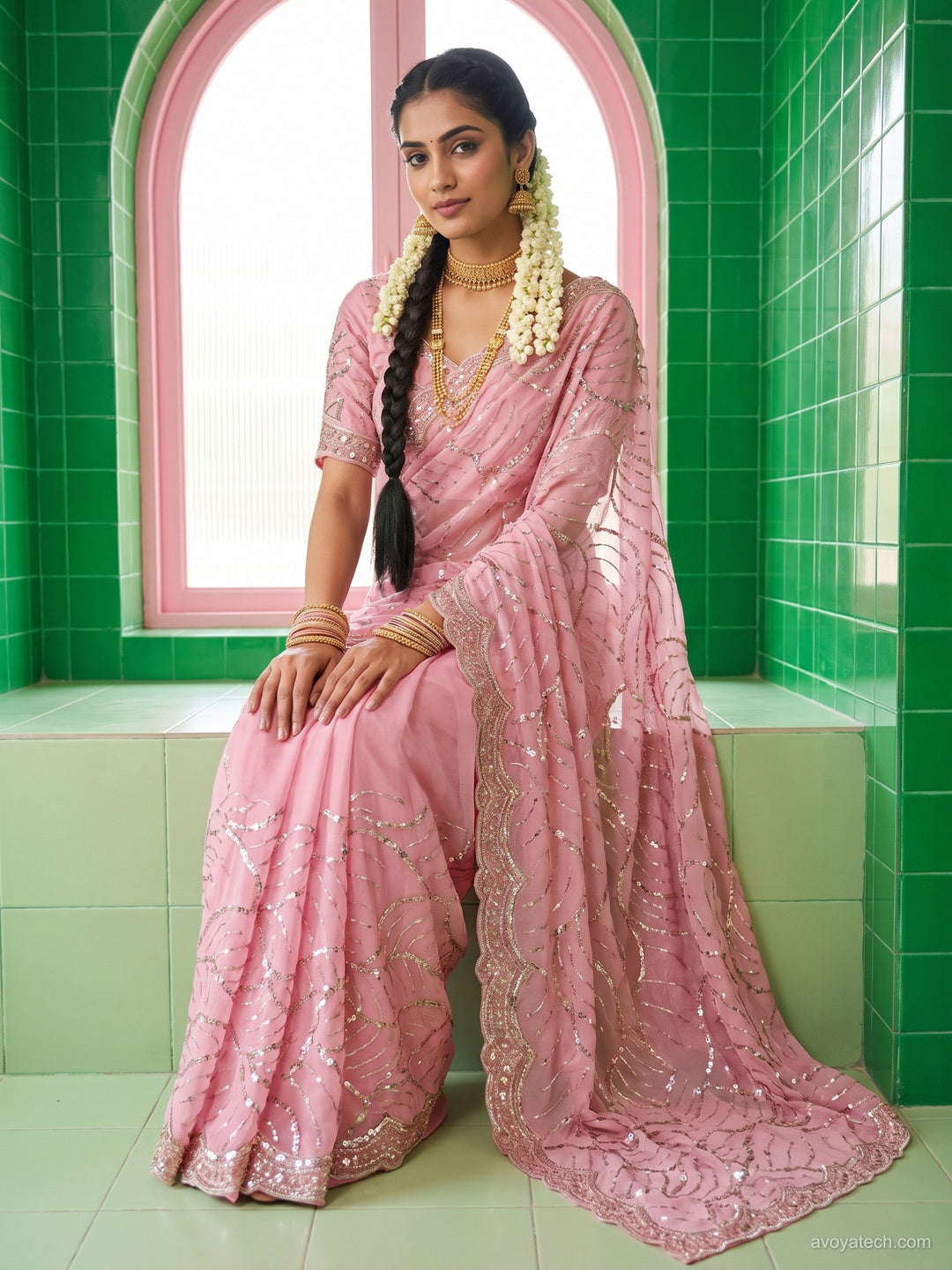 Georgette Sequin Embroidered Wave Saree with Blouse Piece