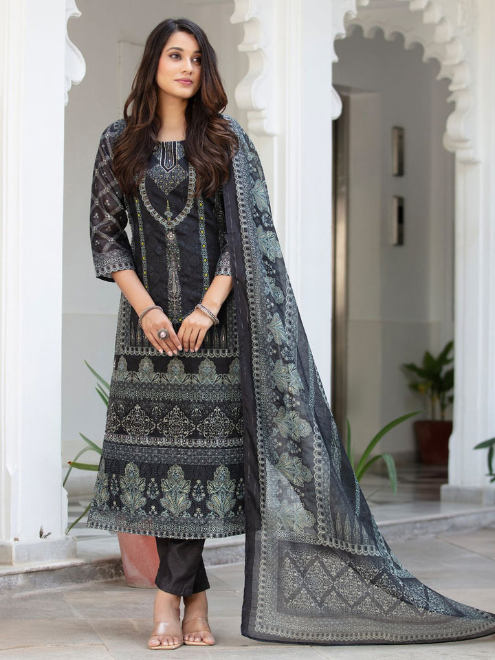 Chhaba 555 Black Printed & Mirror Work Embellished Straight Kurta With Solid Pant & Printed Dupatta