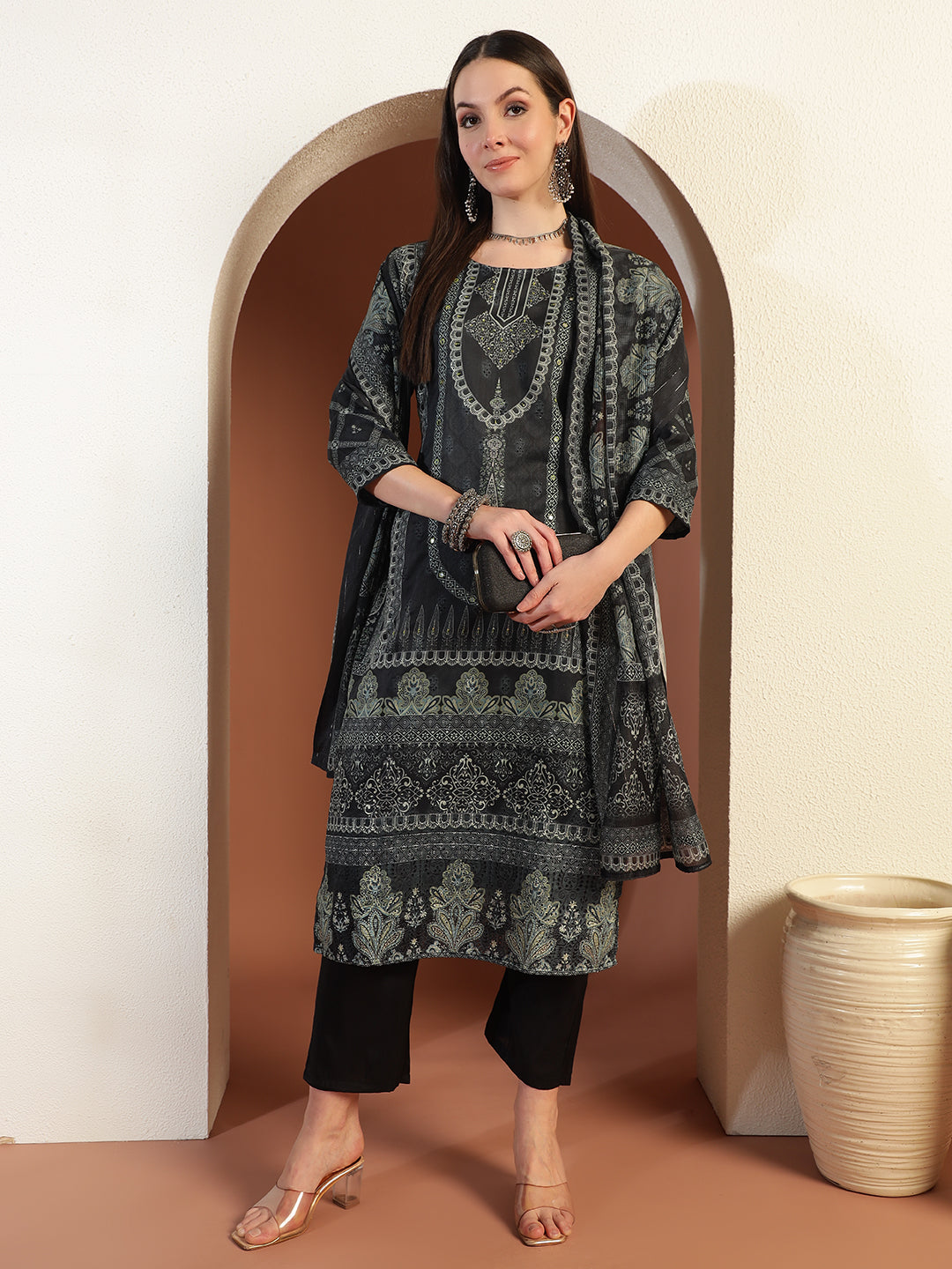 Chhaba 555 Black Printed & Mirror Work Embellished Straight Kurta With Solid Pant & Printed Dupatta